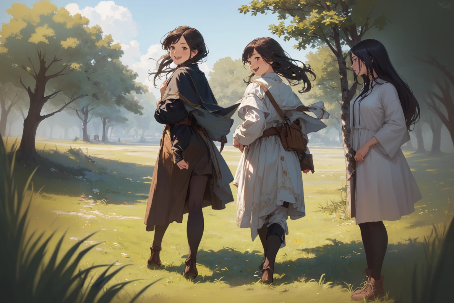 Animated scene of two women in a field with trees and grass, Artjam and Athi Gairan, Gweiz-style artwork, Makoto Shinkai and Tom Bagshaw, Krentz Kuschaert and Wenjun Lin, Guweiz on ArtStation Pixiv, guweiz on pixiv artstation