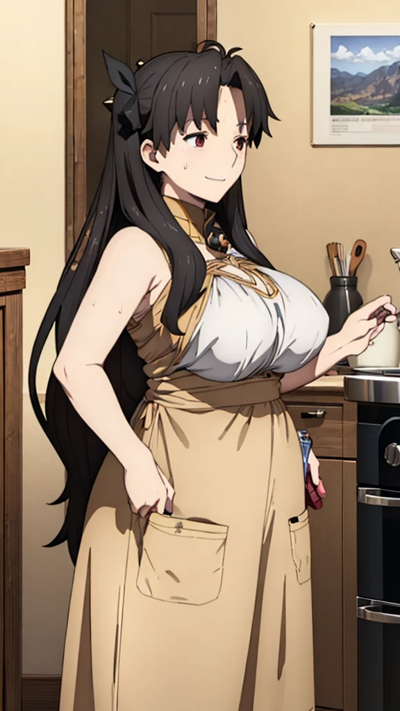 (Mature Woman:1.5), (mother:1.5), Ishtar, Fate Grand Order, (absurderes, 8K, 4K, masutepiece, hyper extreme detailed:1.2), Best Quality, Perfect Anatomy,Perfect face,Facing forward,High humidity, (alone:1.2), (Sweaty:1.3), shortness of breath, High humidity, humid, (Black Hair:1.1), Red eyes, Looking into the camera, (Very large breasts:1.5), Light clothing, apron, (kitchen;1.1), (Having a conversation:1.5), (Speech bubble:1.2), A kind smile, relief, peace of mind, mother性, Cooking, have a ladle, pot, pot-au-feu, (chubby:1.1), (Plump:1.1)