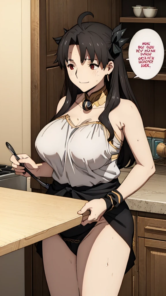 (Mature Woman:1.5), (mother:1.5), Ishtar, Fate Grand Order, (absurderes, 8K, 4K, masutepiece, hyper extreme detailed:1.2), Best Quality, Perfect Anatomy,Perfect face,Facing forward,High humidity, (alone:1.2), (Sweaty:1.3), shortness of breath, High humidity, humid, (Black Hair:1.1), Red eyes, Looking into the camera, (Very large breasts:1.5), Light clothing, apron, (kitchen;1.1), (Having a conversation:1.5), (Speech bubble:1.2), A kind smile, relief, peace of mind, mother性, Cooking, have a ladle, pot, pot-au-feu, (chubby:1.1), (Plump:1.1)