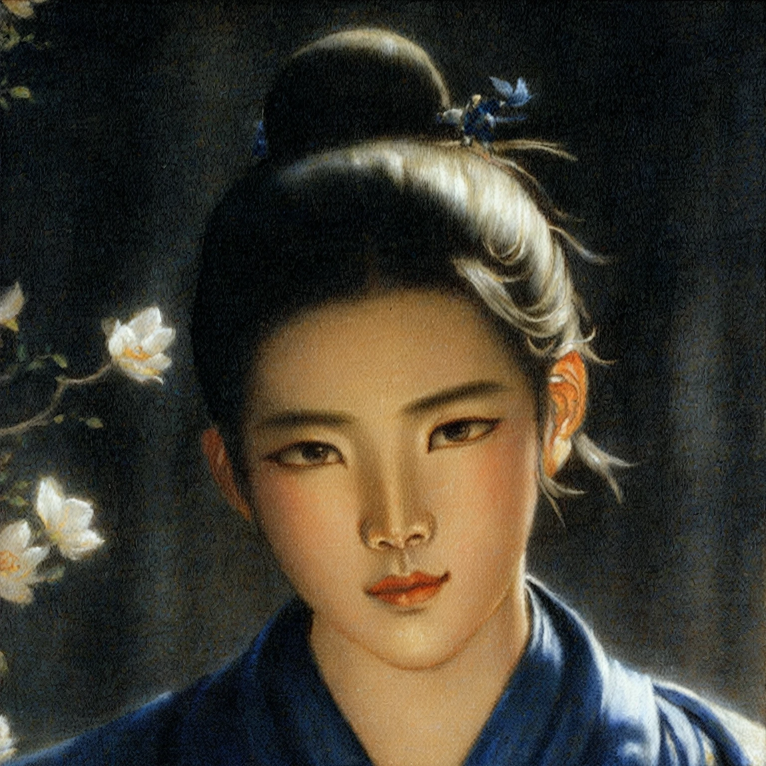 Female figure wearing blue kimono, Young fair angel, Inspired by Gu An, Xiaorong, jin shan, Inspired by Wu Daozi, That, inspired by Guan Daosheng, feng shu, Kosuke Ohno, Shiro Masamune, cai xukun,Children's illustration ink style
