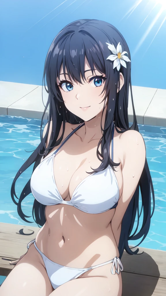 (Perfect hands, Perfect Anatomy:1.4),(anime:1.4),正面figure, Satin Ruiko, alone,(White Bikini Swimsuit:1.5),(A neat figure,thin:1.4),(Hairstyle is a princess cut:1.5),(Black Hair:1.4), blue eyes, (Black Hair:1.4),Long Hair,(Straight long hair:1.4), hair ornaments, (1 white flower decoration:1.4),(tsurime:1.4),(Sitting),(Broke up_lips:1.4),(Hime cut:1.4),(Large Breasts:1.4),(arms behind back:1.3), (Wicked Smile:1.4),20-year-old,(Wet:1.4),Sit on, (View your viewers:1.3),(Pool,Poolサイドで:1.4),(Dazzling sunlight,summer:1.4)、 break (Hime cut:1.4),(masterpiece:1.5),(Extremely accurate details,Ultra-high resolution:1.4),Highly detailed CG Unity 8k wallpaper,(Realistic,Photorealistic,超Realisticな:1.5),(curve,model,Glamour:1.5),Beautiful breasts,color_aberration,Beautiful detailed shadows,Beautiful Eyes,Beautiful body,Beautiful Skin,Beautiful Hands,(美的animeの目:1.4),(figure:0.8), (Beautiful attention to detail:1.4), Highly detailed face, Perfect lighting, Highly detailed CG, (Perfect hands, Perfect Anatomy:1.4),