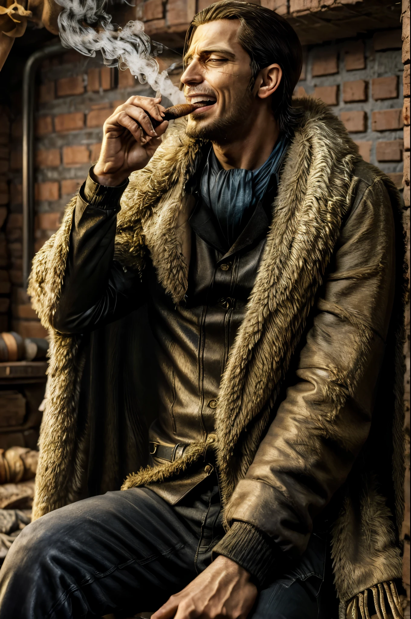 masterpiece, best quality, extremely detailed, hyperrealistic, photorealistic, a cool 40s man, ultra detailed face:1.3, fur-trimmed coat, scarf around the neck, his left hand is a golden pirate hook, smoking, cigar, laughing, underground basement, money, sitting