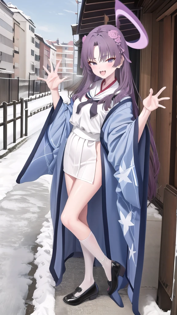 nsfw,(ガーターベルト:1.6),(masterpiece:1.3), (absurdres:1.3), (best quality:1.3), (ultra-detailed:1.3), snow, outdoors, standing, full body, smile, (paw pose:1.3), 1girl, yukari-fi, halo, wide sleeves, white shirt, white serafuku, sailor collar, blue kimono, open kimono, blue skirt, white socks, shoes,