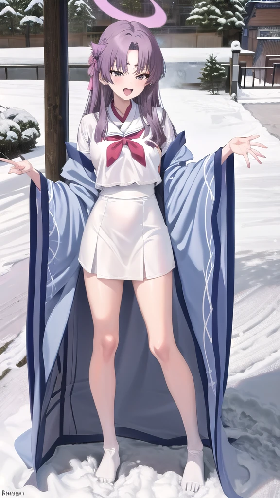 nsfw,(ガーターベルト:1.6),(masterpiece:1.3), (absurdres:1.3), (best quality:1.3), (ultra-detailed:1.3), snow, outdoors, standing, full body, smile, (paw pose:1.3), 1girl, yukari-fi, halo, wide sleeves, white shirt, white serafuku, sailor collar, blue kimono, open kimono, blue skirt, white socks, shoes,