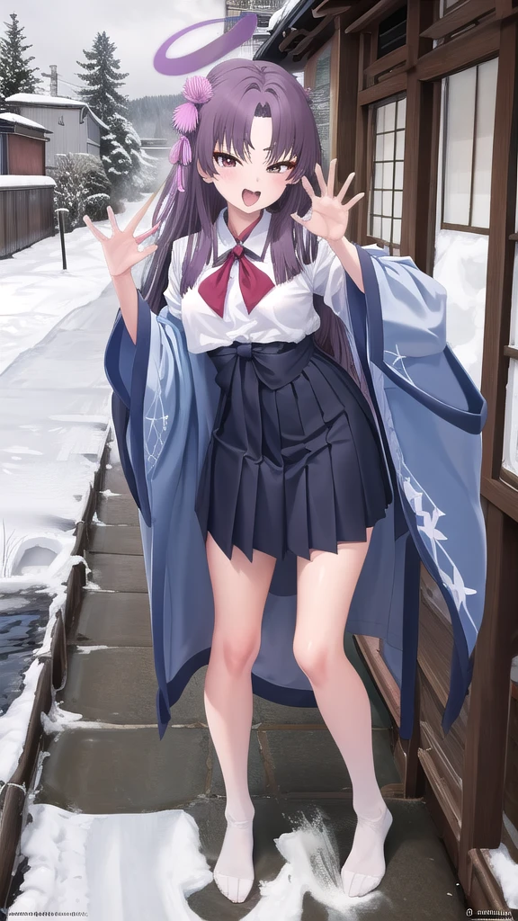 nsfw,(ガーターベルト:1.6),(masterpiece:1.3), (absurdres:1.3), (best quality:1.3), (ultra-detailed:1.3), snow, outdoors, standing, full body, smile, (paw pose:1.3), 1girl, yukari-fi, halo, wide sleeves, white shirt, white serafuku, sailor collar, blue kimono, open kimono, blue skirt, white socks, shoes,