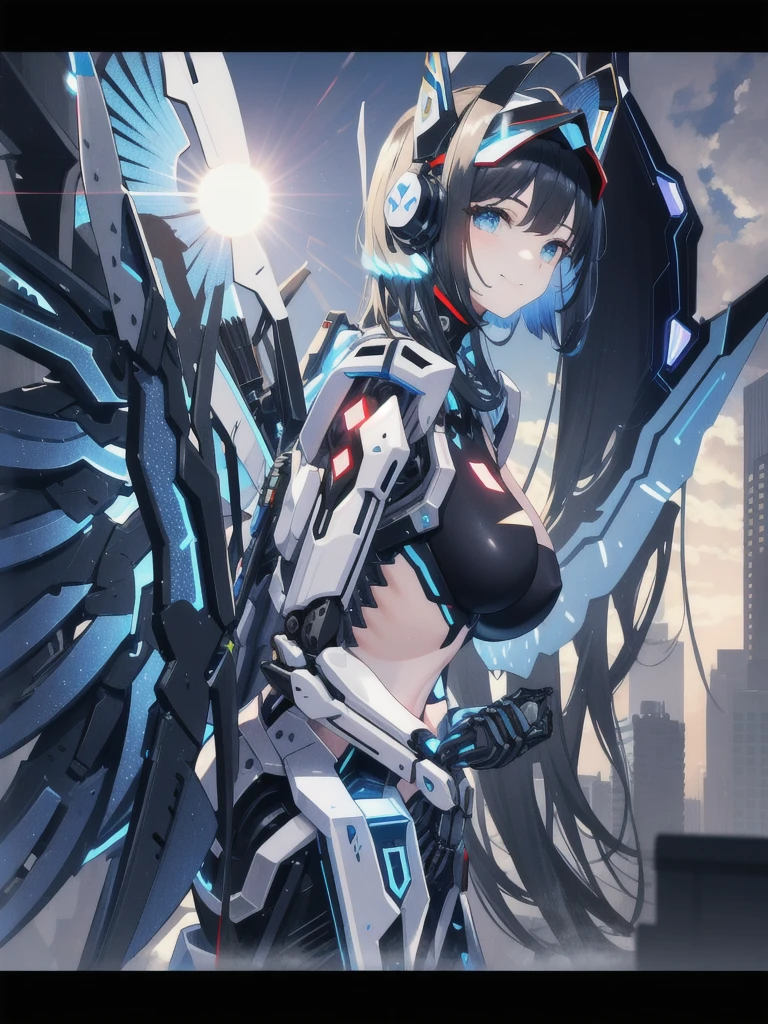 anime character standing on a ledge with wings in front of a city, cyberpunk anime girl mech, katana zero video game character, anime mecha aesthetic, girl in mecha cyber armor, mechanized valkyrie girl, female cyberpunk anime girl, cyberpunk anime girl, from the azur lane videogame, anime cyberpunk, mecha wings, digital cyberpunk anime art, guilty gear strive graphics --auto --s2