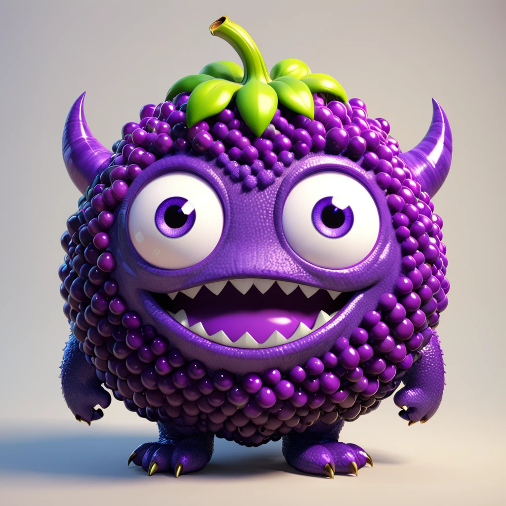 Purple
   A cute purple monster with big eyes and a rich, deep expression, similar to a grape. The monster has a bouncy, plump purple color scheme and a delightful, juicy appearance. This lovable character is designed in the style of Pixar animation studio, created using C4D software, full of charm. --ar 1:1 --v 6.0 3D render
