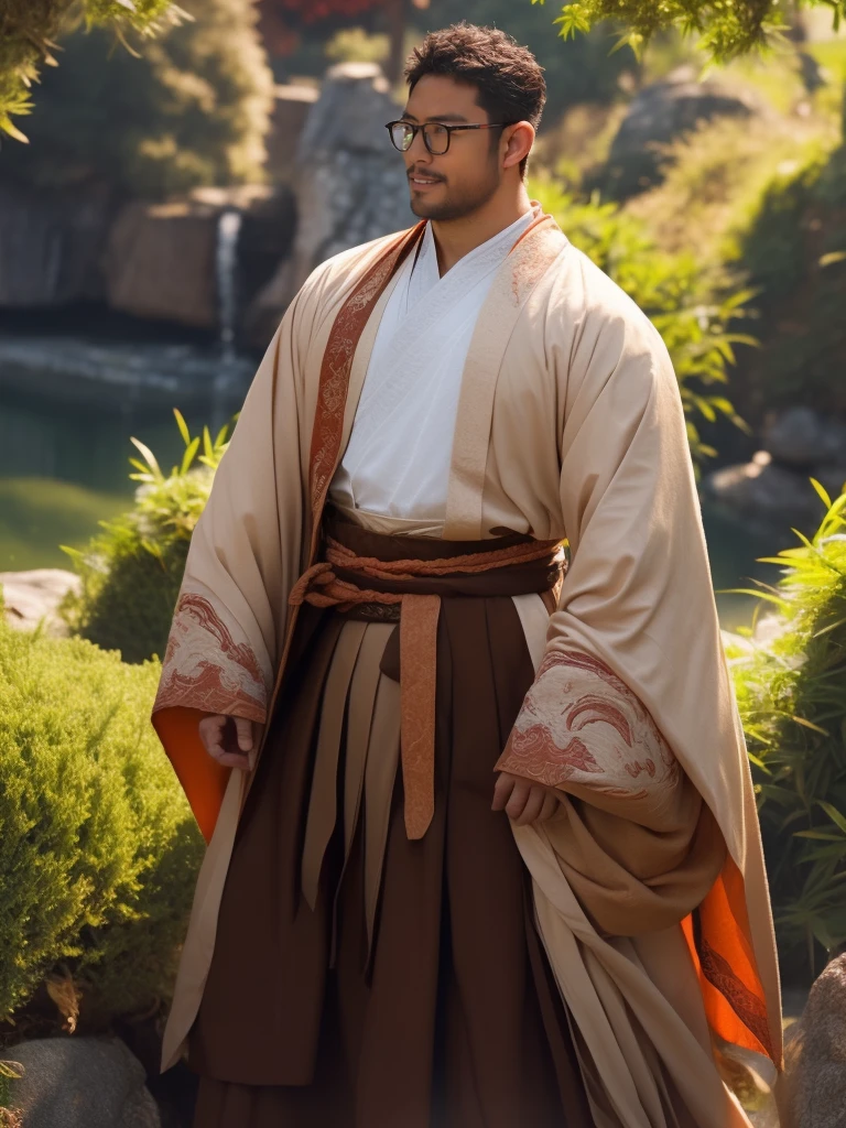 An award-winning original photo，a handsome 38-year-old man, crew cut, (((full body))), (((landscape))), mature man, [slightly fat], asian man, brown eyes, rounded face, glasses, slightly balding, 1boy, Solo, (big shoulders), (((stubbles, Short beard))), (((full beard))), (Beautiful eyes:1.3), (Detailed face:1.3), wearing glasses, Dynamic Angle, volumetric lighting, (Best quality, A high resolution, Photorealistic), Cinematic lighting, Masterpiece, RAW photo, Intricate details, (extremely detailed 8k wallpaper), masterpiece 16k photo, (best quality)), man wearings hanfu,