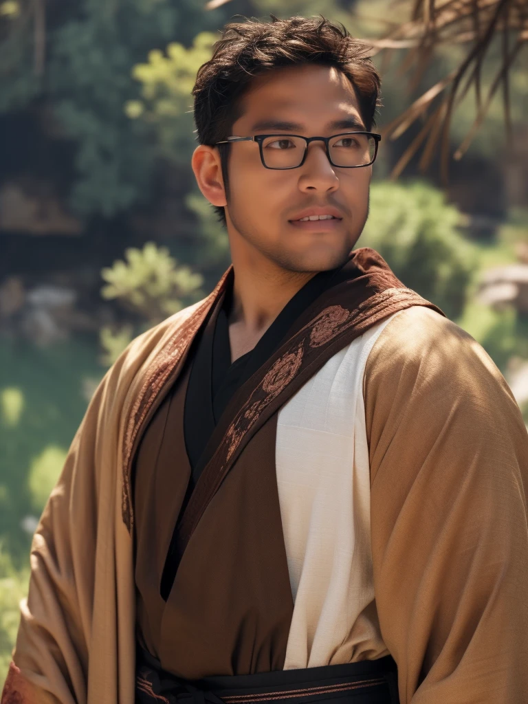 An award-winning original photo，a handsome 38-year-old man, crew cut, (((full body))), (((landscape))), mature man, [slightly fat], asian man, brown eyes, rounded face, glasses, slightly balding, 1boy, Solo, (big shoulders), (((stubbles, Short beard))), (((full beard))), (Beautiful eyes:1.3), (Detailed face:1.3), wearing glasses, Dynamic Angle, volumetric lighting, (Best quality, A high resolution, Photorealistic), Cinematic lighting, Masterpiece, RAW photo, Intricate details, (extremely detailed 8k wallpaper), masterpiece 16k photo, (best quality)), man wearings hanfu,