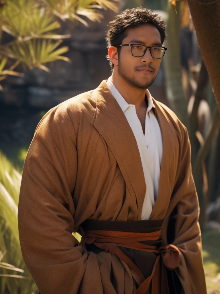 An award-winning original photo，a handsome 38-year-old man, crew cut, (((full body))), (((landscape))), mature man, [slightly fat], asian man, brown eyes, rounded face, glasses, slightly balding, 1boy, Solo, (big shoulders), (((stubbles, Short beard))), (((full beard))), (Beautiful eyes:1.3), (Detailed face:1.3), wearing glasses, Dynamic Angle, volumetric lighting, (Best quality, A high resolution, Photorealistic), Cinematic lighting, Masterpiece, RAW photo, Intricate details, (extremely detailed 8k wallpaper), masterpiece 16k photo, (best quality)), man wearings hanfu,