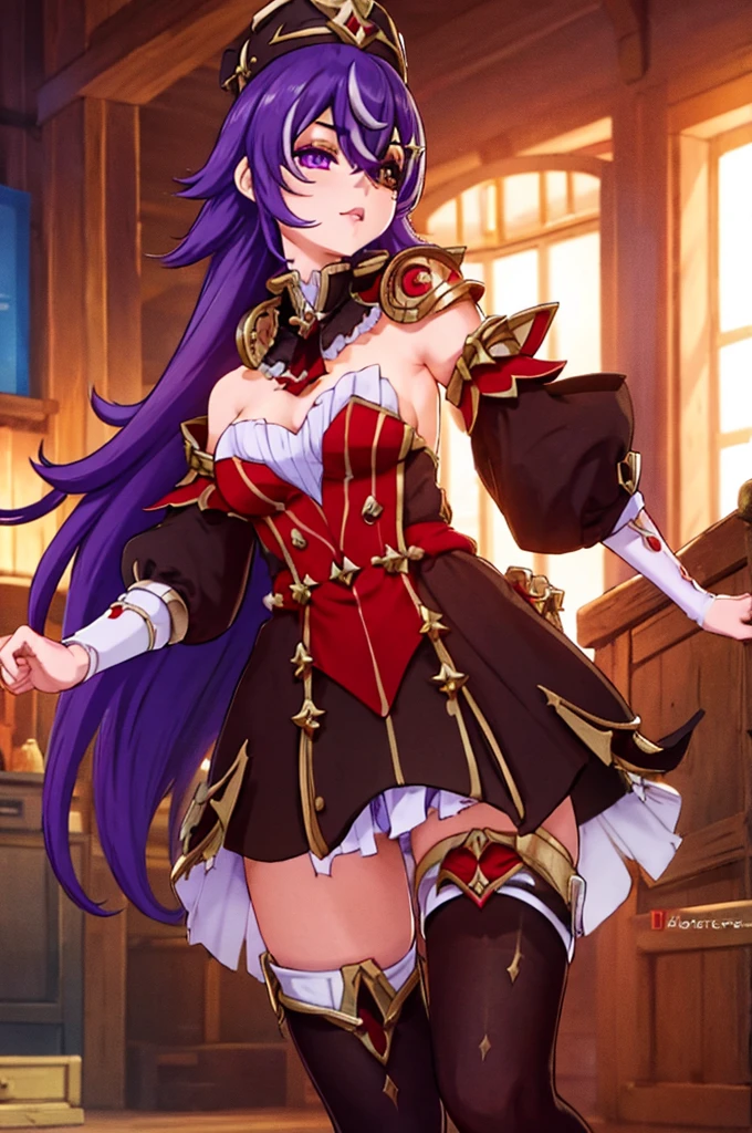 Chevreuse from Genshin Impact, cute sexy girl with purple hair, eye patch, tights, sexy, erotic