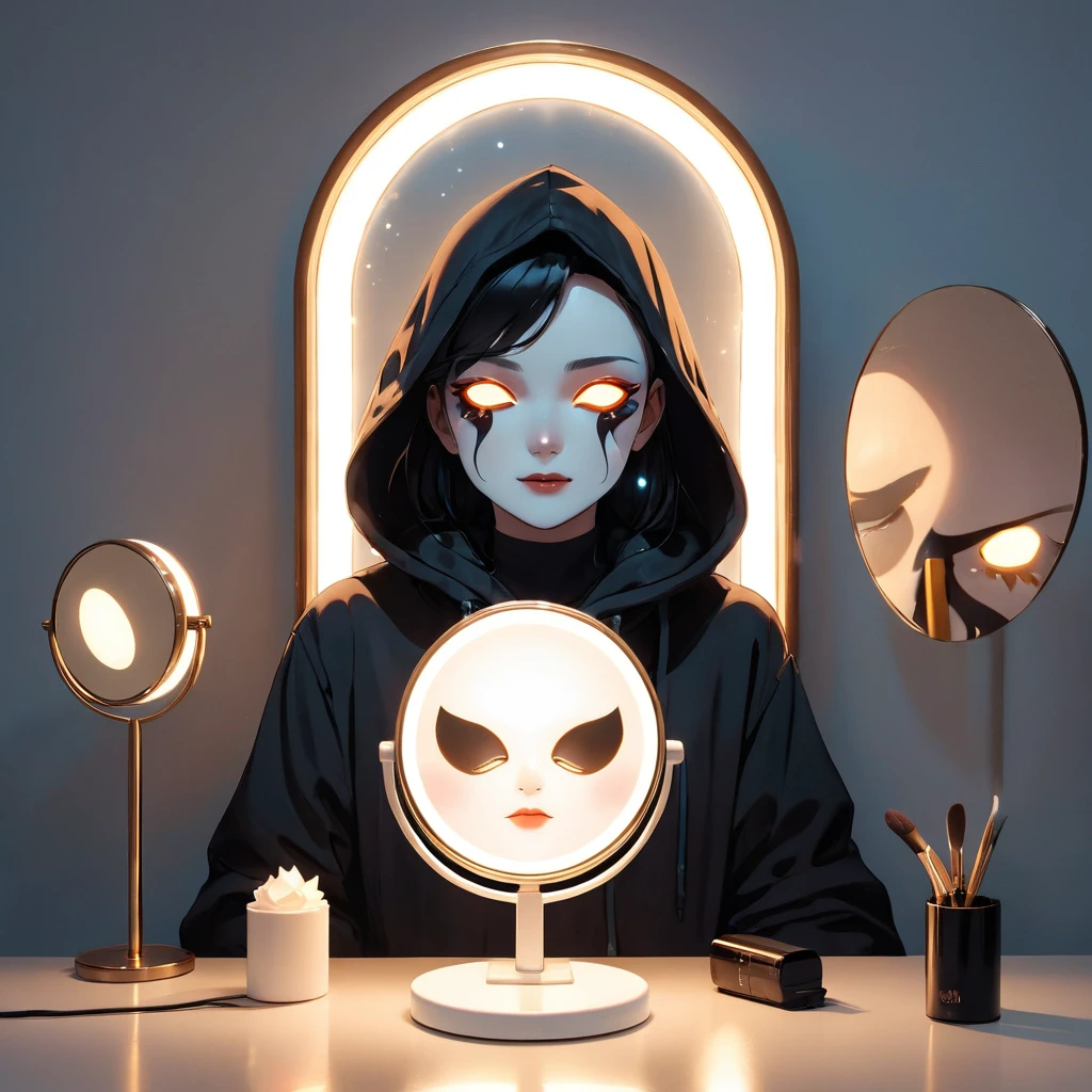 
character with a black hood, and a lighted mirror as a face