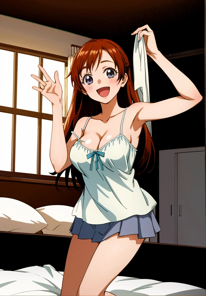 Yukishiro_Honoka, 1girl, smile, my room,camisole,cleavage,open mouth,miniskirt,on bed,smile,looking viewer,big breasts