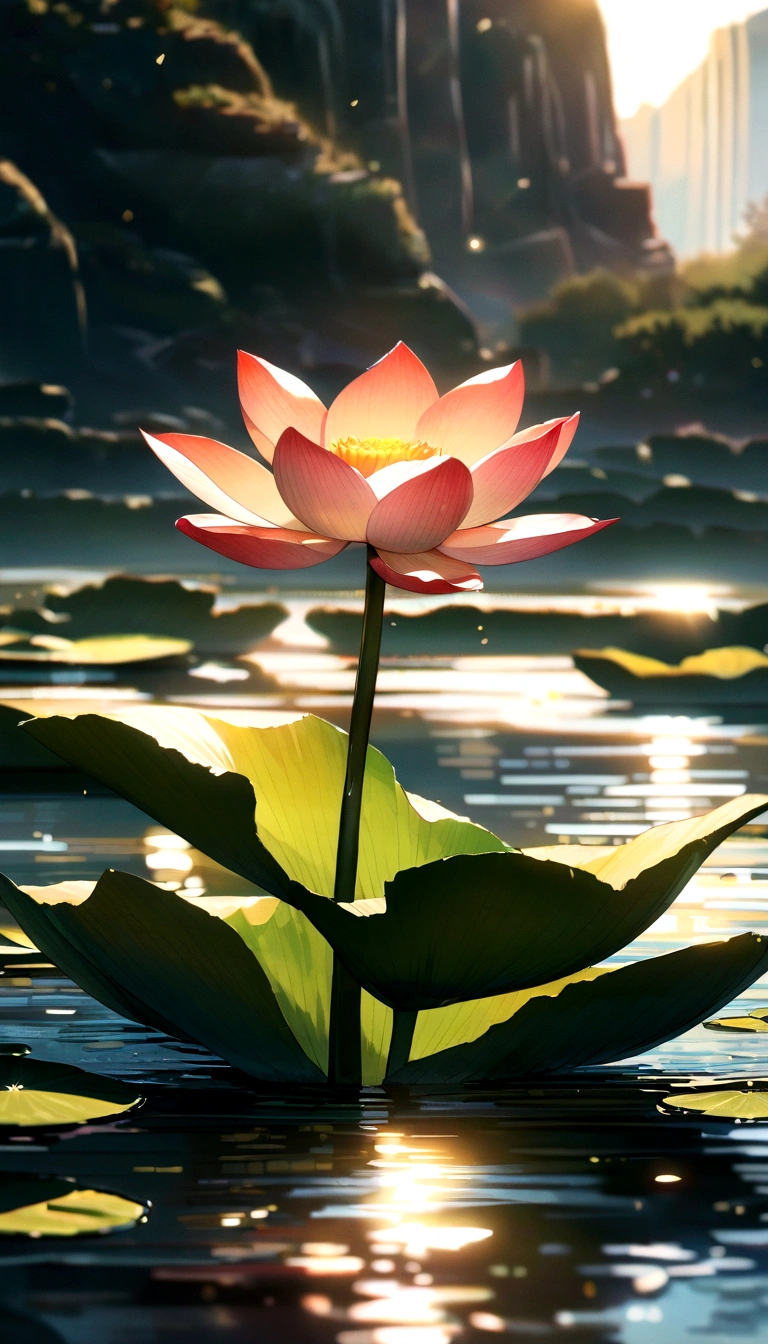 lotus, Green Stem, Silt emerges from the water, Golden Light, Buddha's Light Shines, Ultra HD, Retina, masterpiece, precise, Super Detail, High Detail, high quality, high resolution, 16K