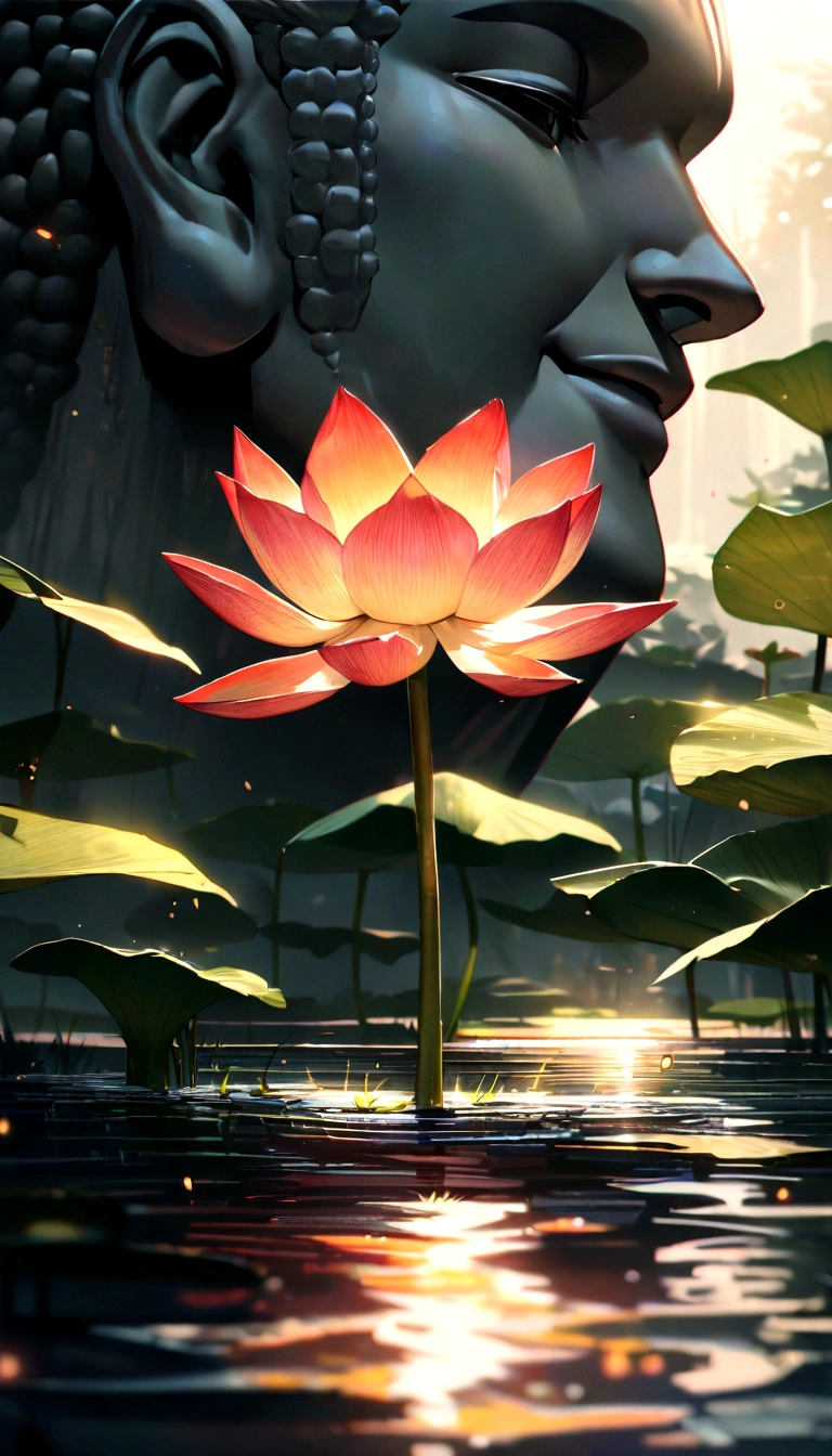 lotus, Green Stem, Silt emerges from the water, Golden Light, Buddha's Light Shines, Ultra HD, Retina, masterpiece, precise, Super Detail, High Detail, high quality, high resolution, 16K
