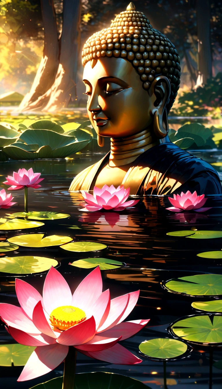 lotus, Green Stem, Silt emerges from the water, Golden Light, Buddha&#39;s Light Shines, Ultra HD, Retina, masterpiece, precise, Super Detail, High Detail, high quality, high resolution, 16K