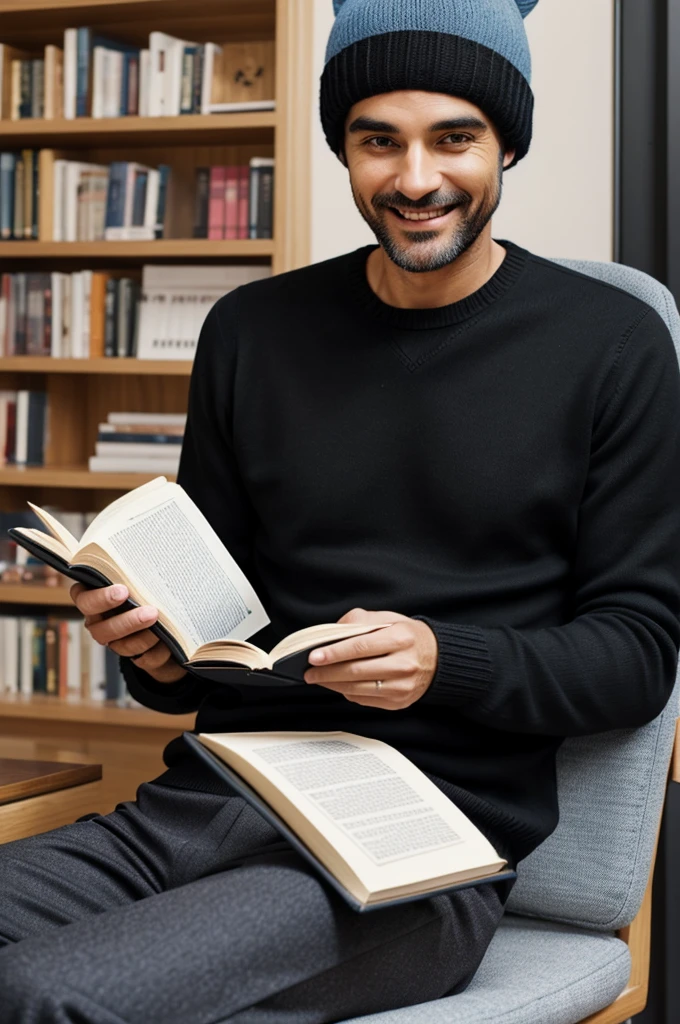 A man in a black shirt, black pants, black hair, dressed coolly, tall, sitting with his back to a short man, wearing a pink sweater. cat sweater hat Light blue trousers And he was reading a book while smiling.