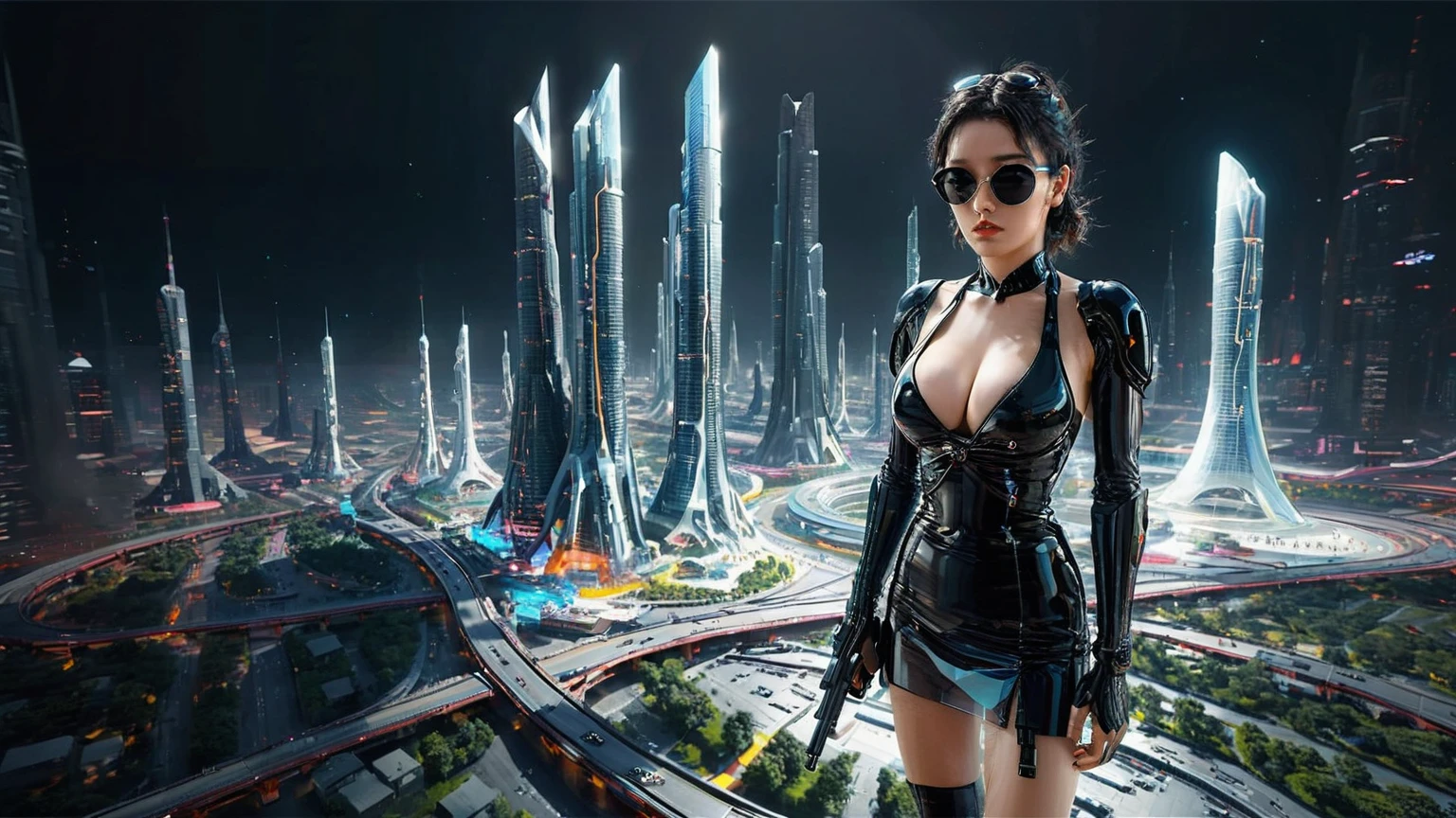 Brightly colored abstract aerial view image of a futuristic railway station with a spiral, a (((((futuristic all-glass train))))) passing by, epic beautiful space sci-fi, chaotic cinematic space rift, Greg Beeple, planets colliding, Beeple and Tim Hildebrandt, Beeple and Jean Giraud, end of the universe, (((((giant abstract sculpture))))), galaxy space sci-fi, ringworld, by Mike "Beeple" Winkelmann. Matrix style, (((((Matrix cascading code))))), (((((a futuristic twin tower skyscraper with a unique twisted design))))), (((((OLED GUI interfaces in the building))))), at night, (((((1girl, solo))))), photo realistic, (((large-breast:1.1 slim body, cleavage:1.4))), (((off broken mini sling-shirt and black sling bra, extreamly short pleated miniskirt exposing panty))), (((((running pose))))), (((((((matrix style black micro sunglasses))))))), ((((((((((aiming with a short gun)))))))))), (((((looking at camera))))), (((very low view))), (((((half-body thigh level medium shot))))), (((cinematic lighting))).
