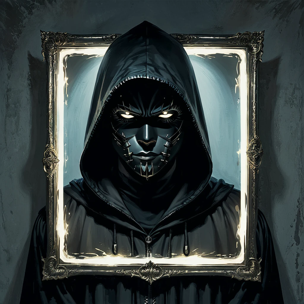 
character with a black hood, and a lighted mirror as a face