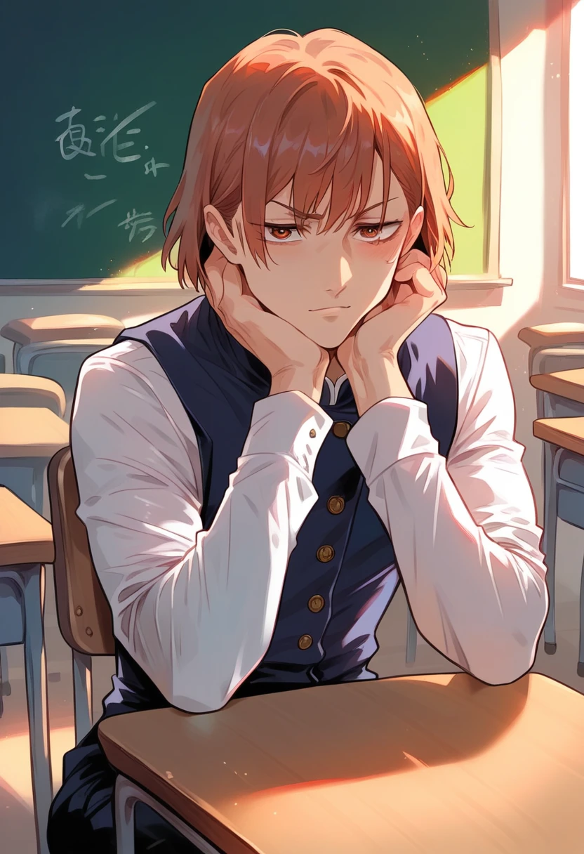 Highest quality, movie image quality, cute with a good face in the classroom, desk, chair, blackboard, classmate with (8 , little , cute), Jujutsu Kaisen style