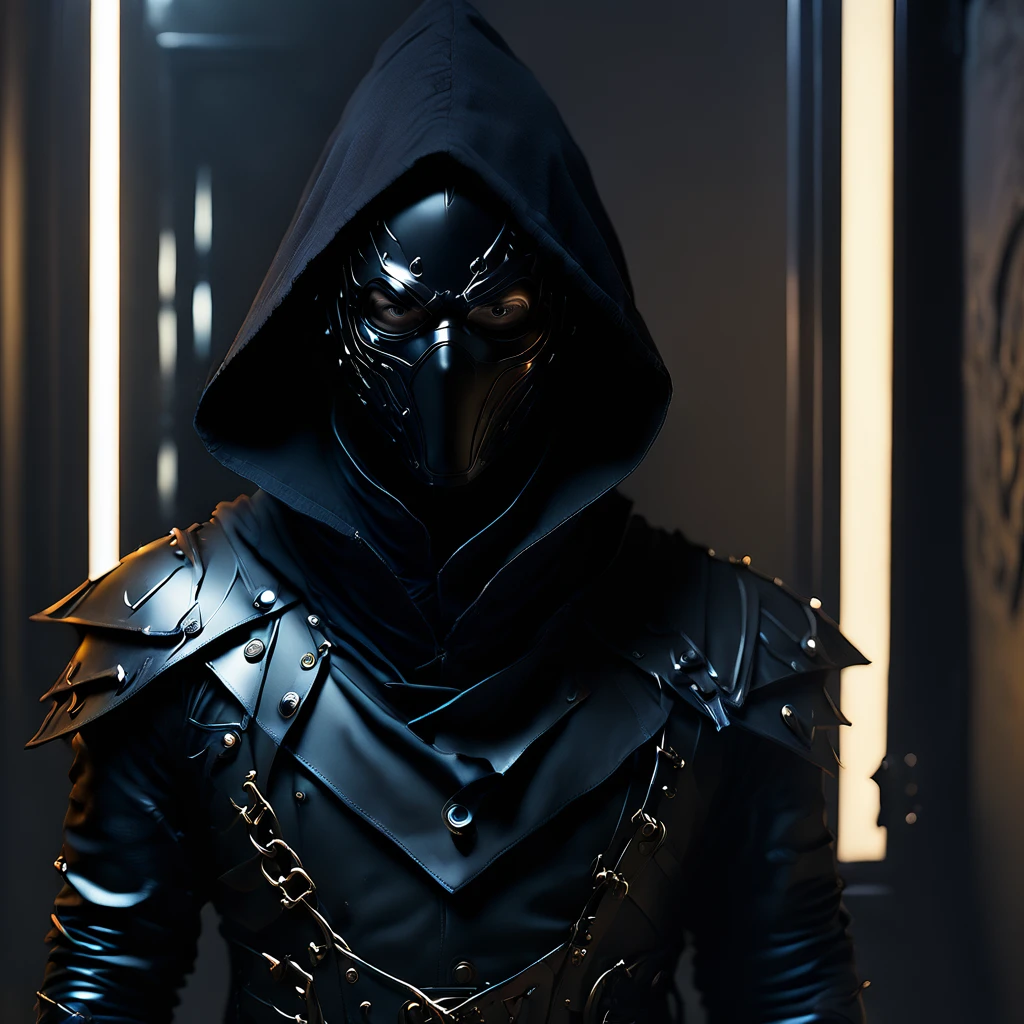 
character with a black hood, and a lighted mirror as a face