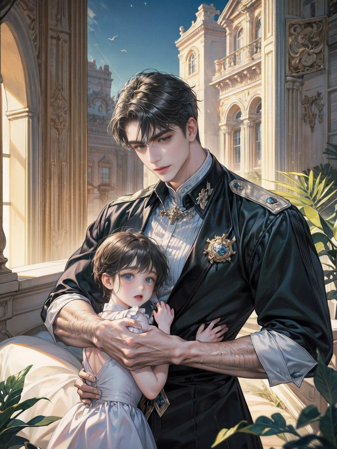 masterpiece, Highest quality, {Highest quality}, {{masterpiece}}, {High resolution}, Happy parent-child scene。The resurrected form of Emperor Constantine and the twins Crispus and Fausta.、Father and son landscape。「Pula, Croatia、Under the clear blue sky、A summer evening where a stylish modern mansion shines。As the bright sunlight envelopes the sea and the mansion、A young father in his 30s hugs his twin sons tightly and warmly on his way home from work。The father's face was filled with deep love and forgiveness.、I can see the look of relief on his face, having overcome his past mistakes.。The children have innocent, naive smiles、He buried his face in his father's shoulder and looked relieved.。Light and shadow gently intersect、A scene that creates a warm and moving atmosphere overall.。」Love。Love, forgiveness, healing and purification。Detailed and delicate。lyrical。Heartful。Romance novel binding。