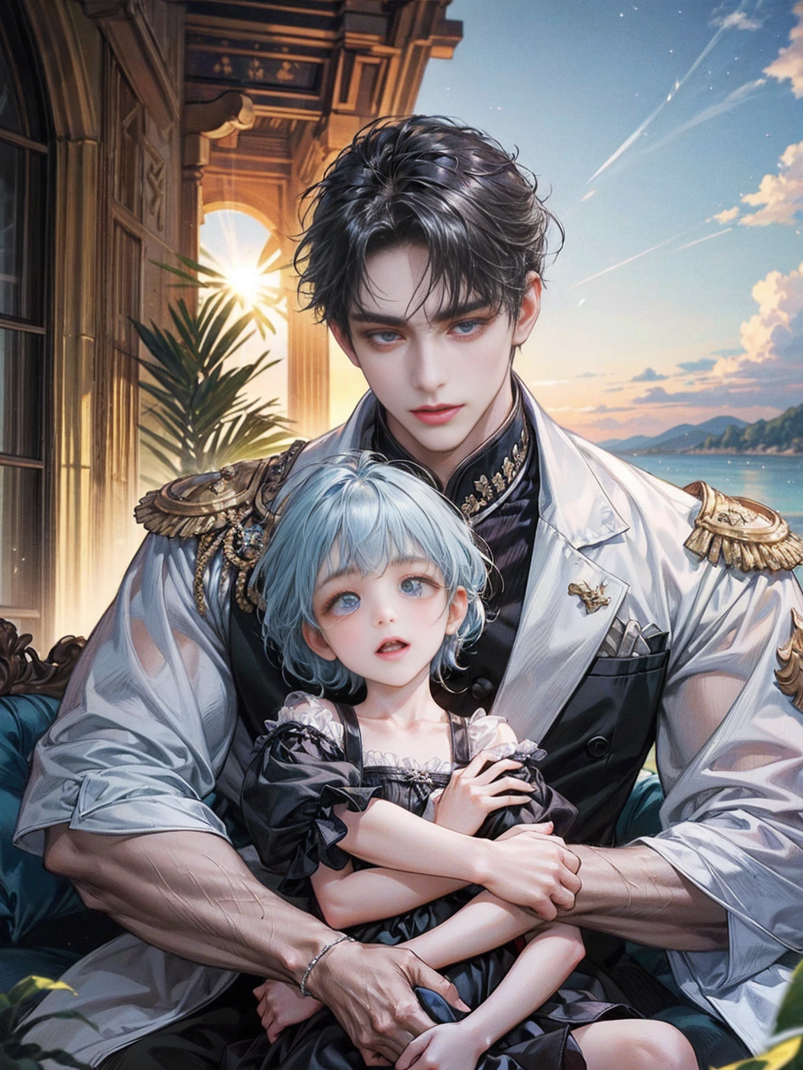 (((masterpiece))), ((Highest quality)), ((Super detailed)), (CG illustration), Happy parent-child scene。The resurrected form of Emperor Constantine and the twins Crispus and Fausta.、Father and son landscape、Under the clear blue sky、A summer evening where a stylish modern mansion shines。As the bright sunlight envelopes the sea and the mansion、A young father in his 30s hugs his twin sons tightly and warmly on his way home from work。The father's face was filled with deep love, retribution and forgiveness.、I can see the look of relief on his face, having overcome his past mistakes.。The children have innocent, naive smiles、He buried his face in his father's shoulder and looked relieved.。Light and shadow gently intersect、A scene that creates a warm and moving atmosphere overall.。」Love。Love, forgiveness, healing and purification。Detailed and delicate。lyrical。Heartful Modern。Gorgeous。elegant。masterpiece。super high quality。, beauty, brilliance, ultra-high quality, ultra-high resolution, Ultra-fine, ultra-beautiful, a masterpiece.masterpiece。I'm in love with you、