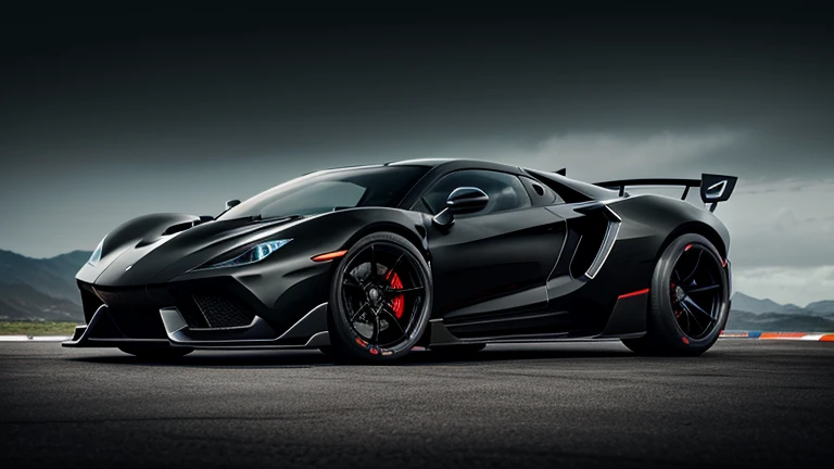 Futuristic hyper car , all Balck ,low ground clearance, Balck spoiler, all Balck theme , futuristic hypercar, super hypercar, fast hypercar, expensive hypercar,top fastest car in the world, the front of the car should look like shark, deadly look, black car , Balck gloss paint