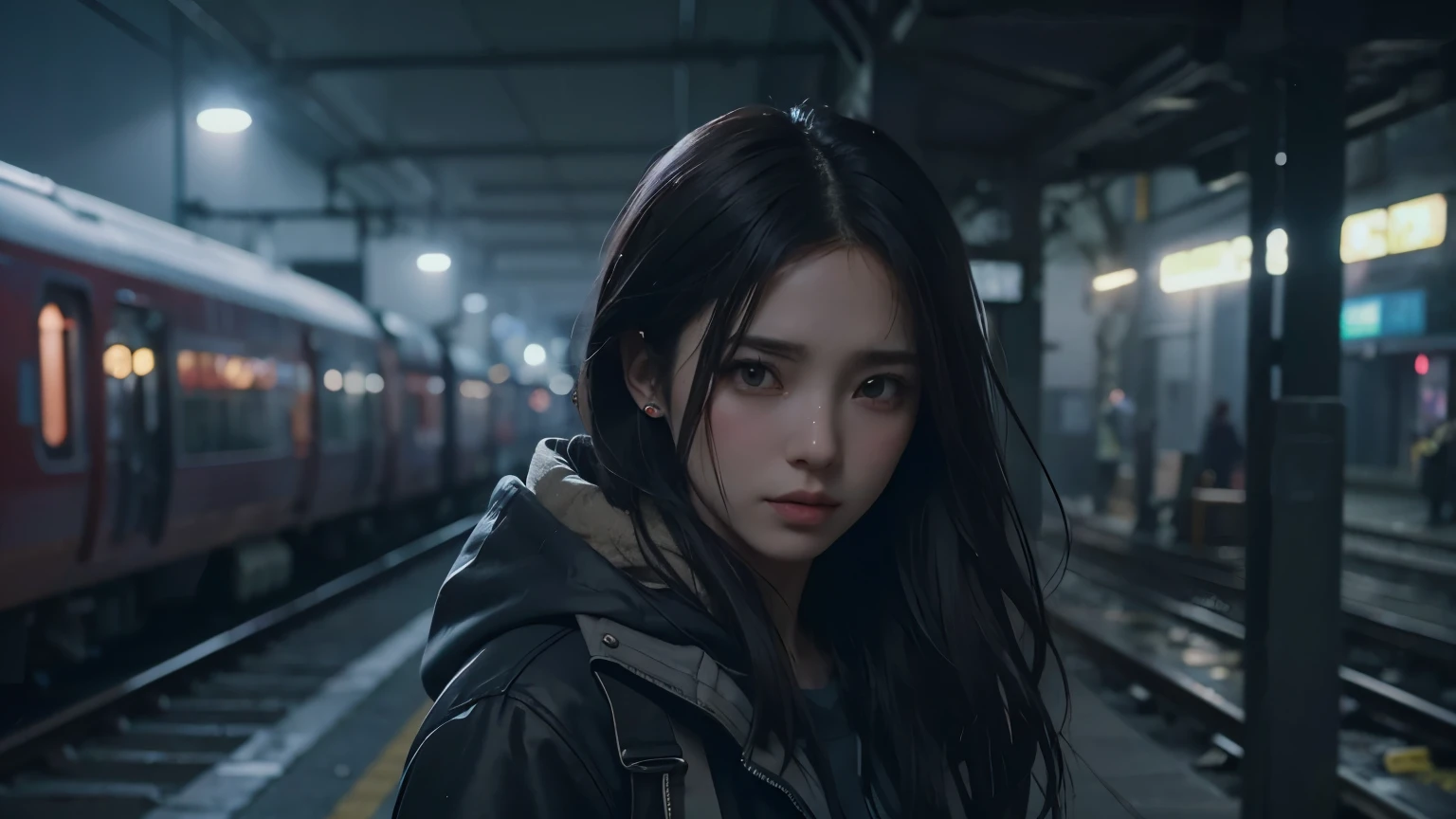Animated character standing at a train station with a train in the background, Gweiz-style artwork, Digital anime illustration, City Girl Fan Art, detailed Digital anime art, Realistic art style, 4K Detailed Digital Art, Digital anime art, 🤤 Portrait of a Girl, Realistic art style, Detailed portrait of an anime girl, Created by Anime Painter Studio, Cyberpunk anime girl in a hoodie