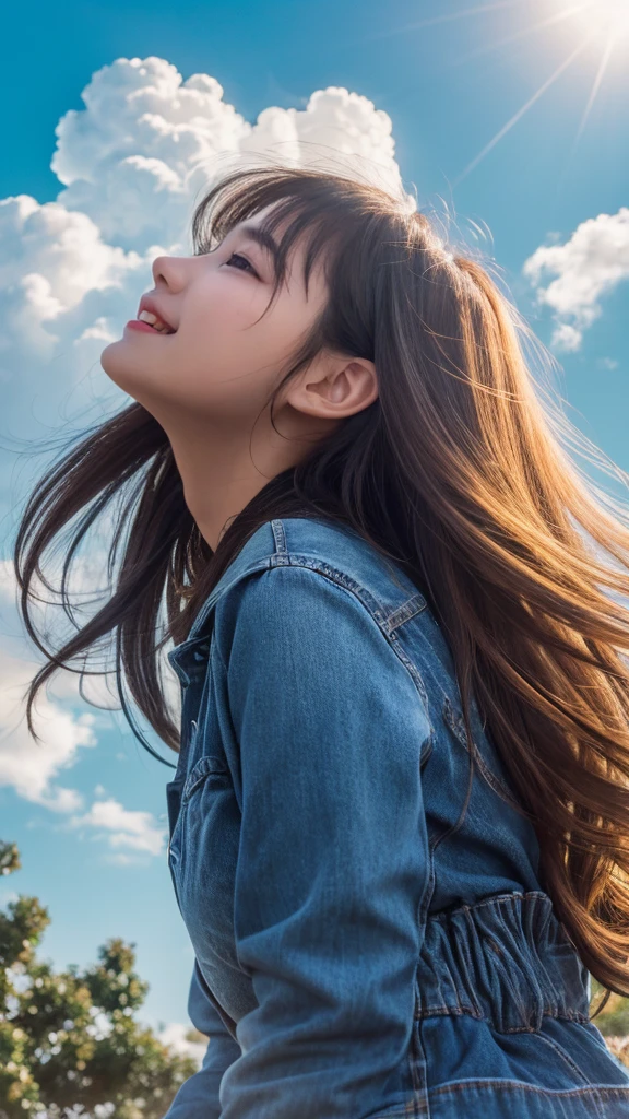 ealistic , photorealistic , masterpiece , best quality , super quality , ((ultra detailed)), extremely detailed , highers , Raw Photo , 16k portrait , curvy , notebook , full body , semilong hair , ultrahappy , (shine sky) , Looking up at the sky , Side angle , (break) , Angle from a distance