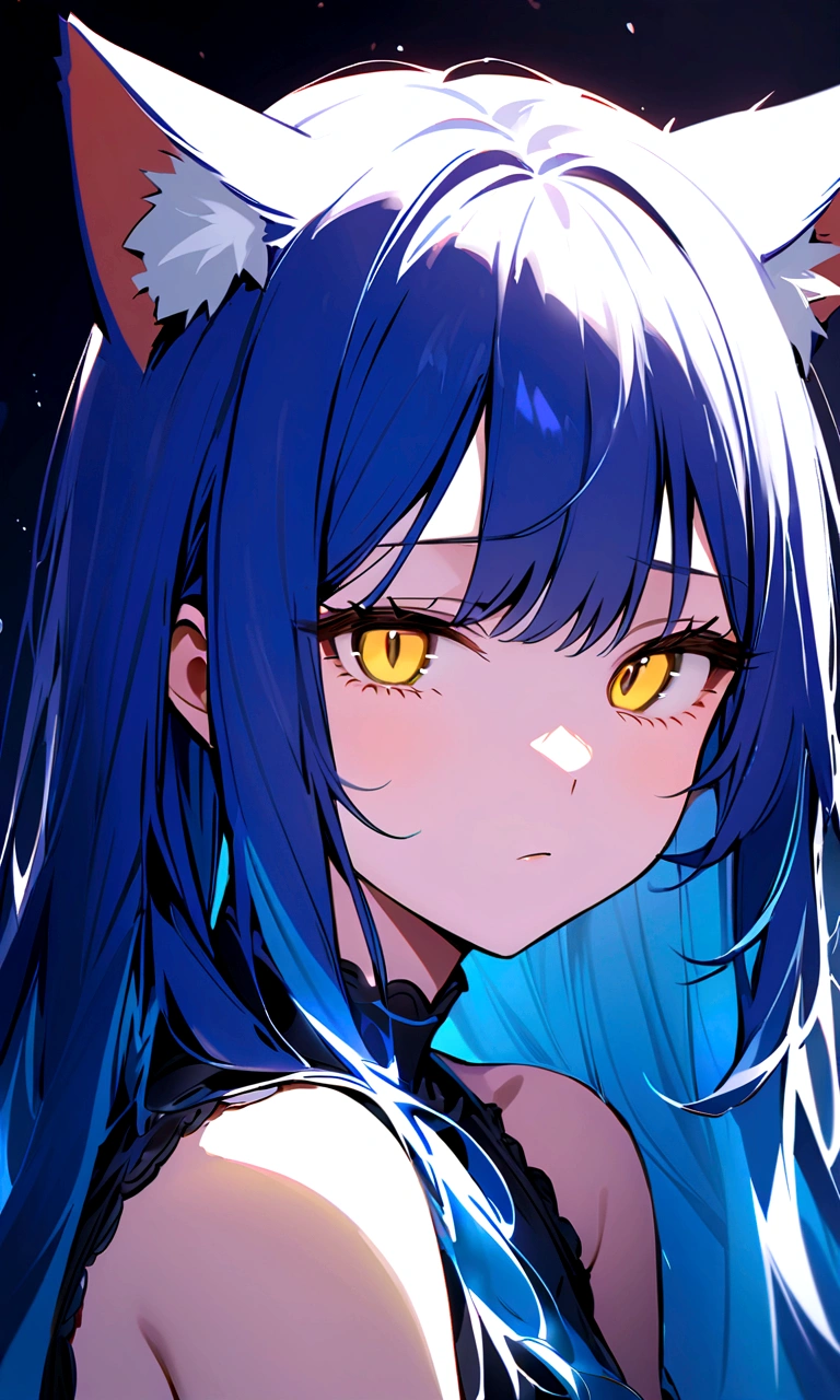 （sportrait）， tmasterpiece，， high qulity， highly  detailed， 详细的脸， hdr， vivd colour， natural  lightting， Kizi， 1girll， 独奏， （Upper body only）， mediuml breasts， （Soft body）， lightblue hair， long whitr hair， Double tail， Close-up， simple backgound， natta， themoon