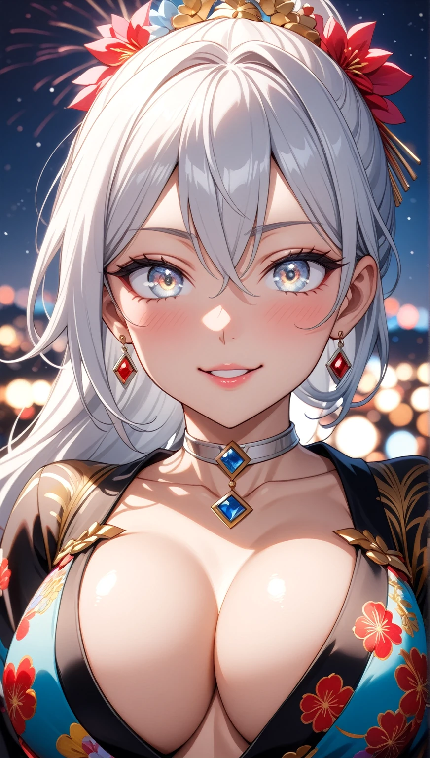((One personの女性)), Beautiful Face,Laughing shyly,((;D)), seDuctive smile,((Bright red cheeks:1.4)),Glossy pink lips,night,rooftop,Festive decorations,You can see the ocean, firework,Laughing with your mouth open,Glossy pink lips,Lighting on the face,((Anime style background)),masterpiece, Highest quality, so beautiful,Latest, Complex Details, (Pink long nails),(ring),(bracelet),(choker),AI-generated, Complex,High resolution, Highest quality, super high quality,3D Images、View your viewers、3D Images,One person,Long white hair,High Ponytail,(blue eyes),Anime woman posing for a photo, ((Fine grain、Silvery white colorful eyes、Shining Eyes:1.4)),(Squint your eyes:1.1),a hyperRealistic , hyperRealistic , Realistic,Anime woman with long and white hair, Smooth anime CG art, A woman in a colorful kimono with gold embroidery, (Black long sleeve kimono),Red floral pattern,Long flower hair ornament,Big earrings,Mature Body,(Big Breasts:1.1),Tall,Abdominal muscles,Narrow waist,(Zoom in on face:1.7),Shooting from below at an angle