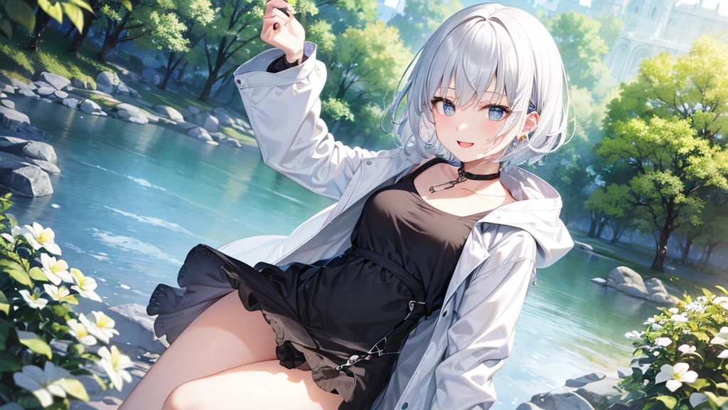 Her eyes were shining、Mysterious and enchanting atmosphere。With AI Painting、とてもShort Hair, Long bangs between the eyes, Grey Eyes , Very detailed,(masterpiece、Highest quality)、alone、Gray Hair、Fantasy, Silver Hair, Beautiful Eyes,Ecstasy, charm, attract the audience, Fantasyな風景、White shirt、smile、Open your mouth、Scarf、short hair、Short Hair、hairpin、Dark Eyes