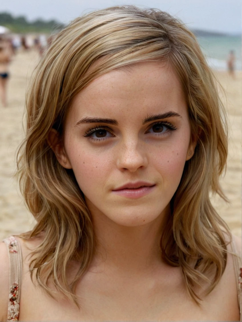 Beautiful photos of Emma_Watson_Xl,  Detailed skin texture,masterpiece, Realistic, woman, 4K, Light, RAW color photos,(Completely in frame:1.1), (blush:0.5), (It gives me goosebumps:0.5),Beach,Wear a bikini, blonde,Fine grain,Detailed lips,Detailed face,Nude