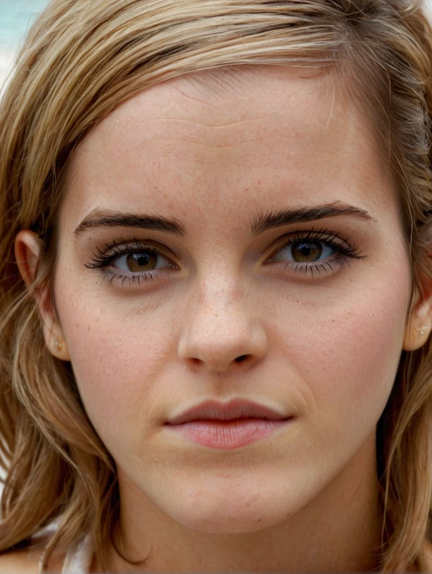 Beautiful photos of Emma_Watson_Xl,  Detailed skin texture,masterpiece, Realistic, woman, 4K, Light, RAW color photos,(Completely in frame:1.1), (blush:0.5), (It gives me goosebumps:0.5),Beach,Wear a bikini, blonde,Fine grain,Detailed lips,Detailed face,Nude