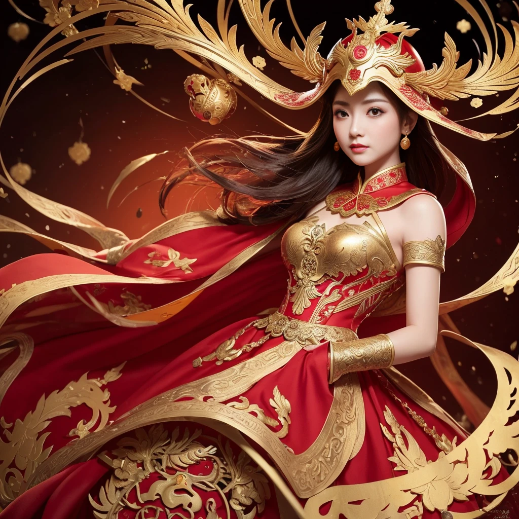 A woman wearing a red and gold Chinese dress,Phoenix Crown,Anatomically correct, (Beautiful helmet),Delicate pattern,Oriental elements,Ink painting style, Beautiful colors,Pink rose space, Soft lighting, ( Bokeh),masterpiece, Very detailed, A magnificent composition, Highest quality, 16K,