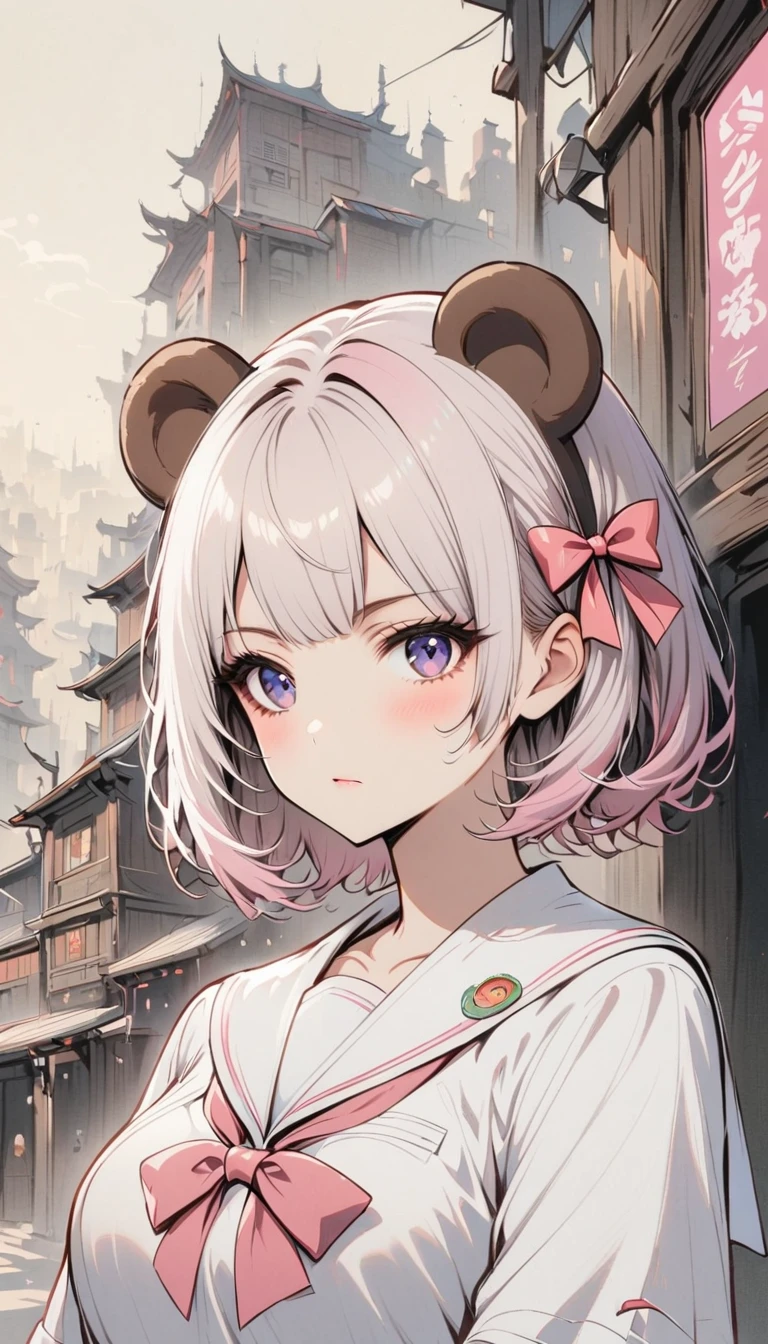 Ski Style, One girl, alone, Pink Hair, Animal ears, blue eyes, wing, View your viewers, bangs, short hair, bow, Sailor collar, white Sailor collar, hair bow, pink bow, Mouth closed, shirt, white shirt, Bear ears, Bobcut, mini wing, Portraiture, detached wing, compensate, Upper Body, Background city