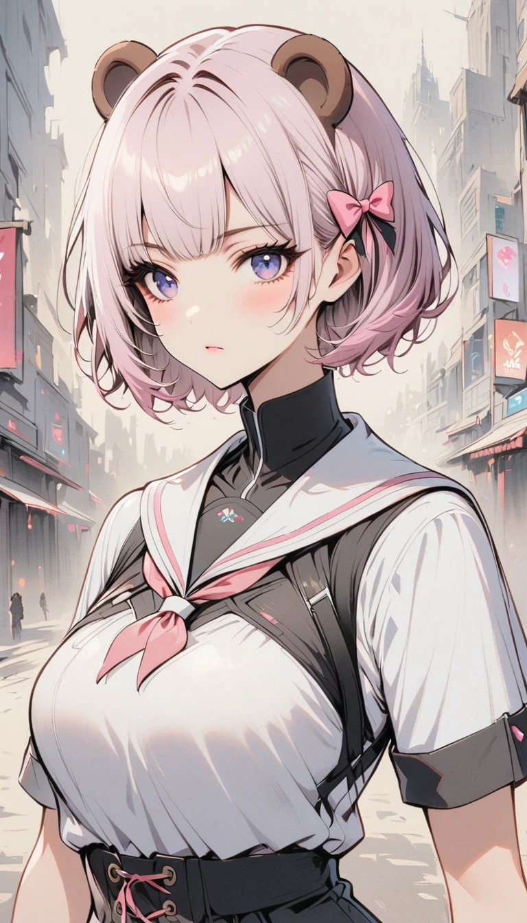 Ski Style, One girl, alone, Pink Hair, Animal ears, blue eyes, wing, View your viewers, bangs, short hair, bow, Sailor collar, white Sailor collar, hair bow, pink bow, Mouth closed, shirt, white shirt, Bear ears, Bobcut, mini wing, Portraiture, detached wing, compensate, Upper Body, Background city