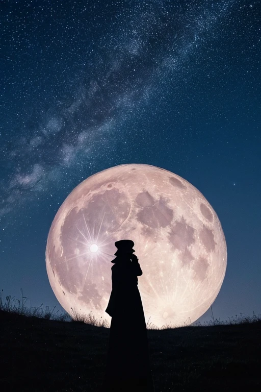 Highest quality,Big moon and shadow,A silhouette of a person can be seen against the backdrop of a large moon.,There is one full moon,There is a mood,Beautiful scenery,Starry Sky