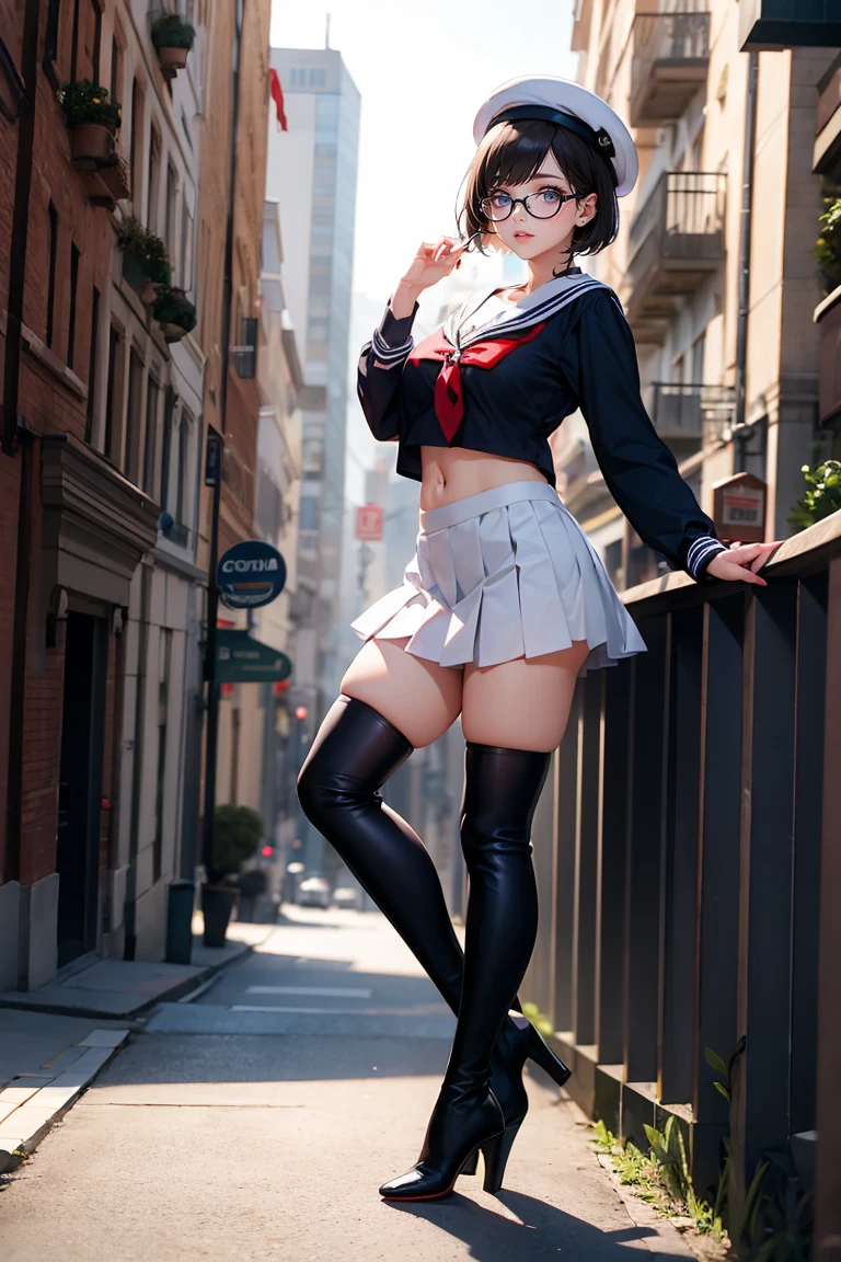 Best quality, Masterpiece, white thighboots, pleated skirt, sailor uniform, beret, glasses, short hair, medium breasts, cleavage, full body, city, high heels boots, navel