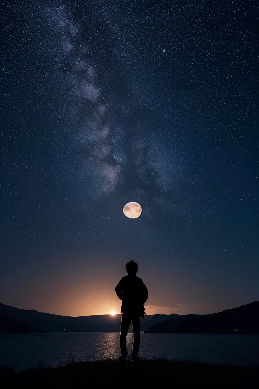 Highest quality,Big moon and shadow,A silhouette of a person can be seen against the backdrop of a large moon.,There is one full moon,There is a mood,Beautiful scenery,Starry Sky