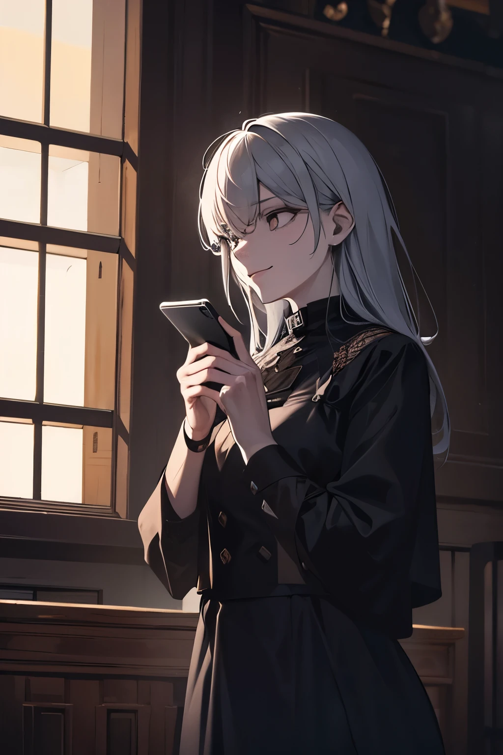 The atmosphere is dark and eerie A woman laughing eerily while staring at her smartphone screen