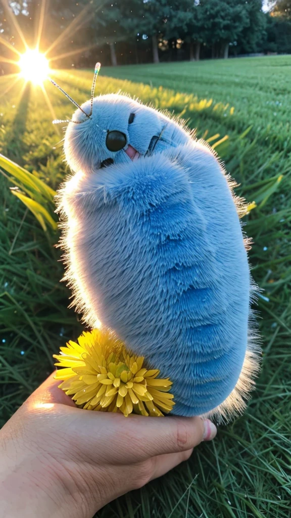 Fluffy arctic blue baby caterpillar laying on an oversized bed of bright green grass smiling with huge excited wide open eyes looking upwards to the vibrant golden yellow and amber rays of light from the sun that is peering out from behind silver gray rain clouds in the sky above surrounded by falling blue glitter