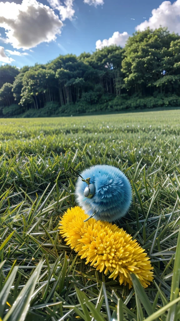 Fluffy arctic blue baby caterpillar laying on an oversized bed of bright green grass smiling with huge excited wide open eyes looking upwards to the vibrant golden yellow and amber rays of light from the sun that is peering out from behind silver gray rain clouds in the sky above surrounded by falling blue glitter
