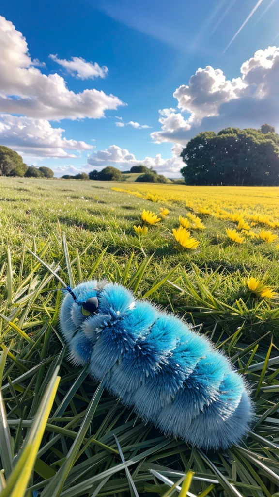 Fluffy arctic blue baby caterpillar laying on an oversized bed of bright green grass smiling with huge excited wide open eyes looking upwards to the vibrant golden yellow and amber rays of light from the sun that is peering out from behind silver gray rain clouds in the sky above surrounded by falling blue glitter