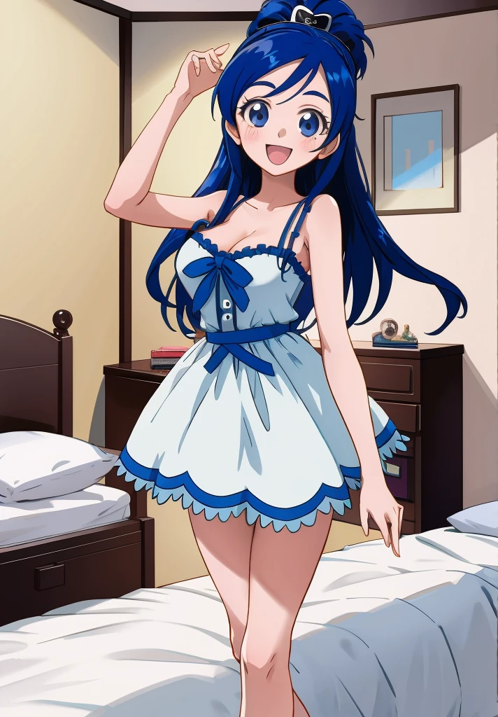 cure white, 1girl,,long hair,blue hair smile, my room,camisole,cleavage,open mouth,miniskirt,on bed,smile,looking viewer,big breasts