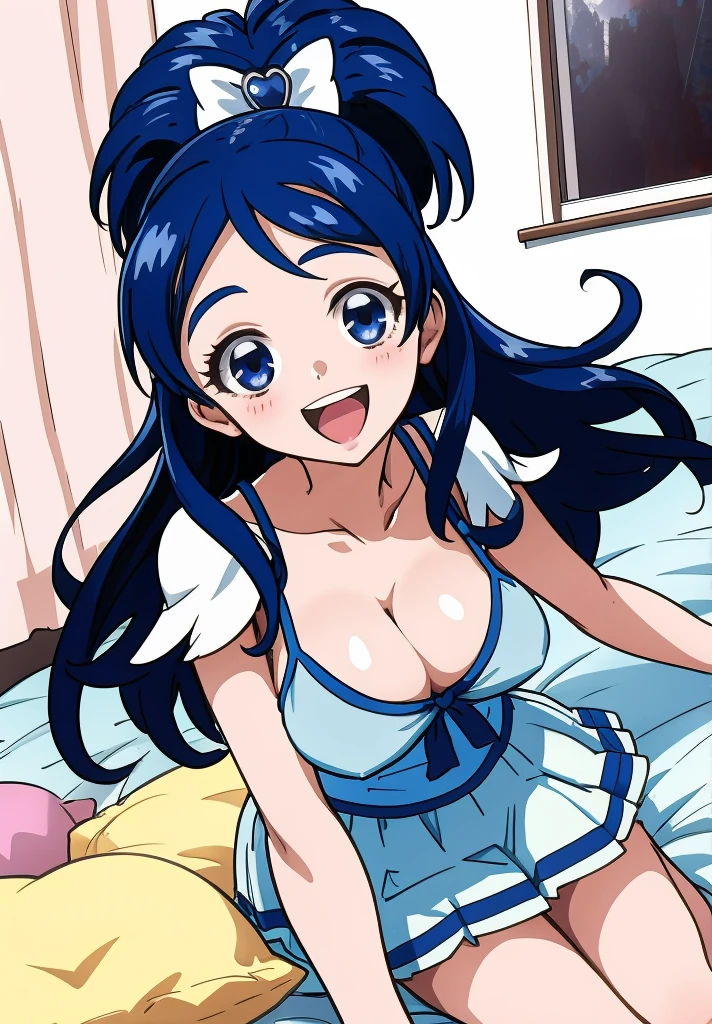 cure white, 1girl,,long hair,blue hair smile, my room,camisole,cleavage,open mouth,miniskirt,on bed,smile,looking viewer,big breasts