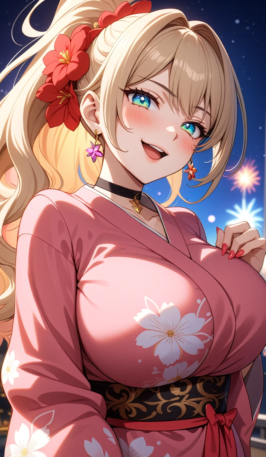 ((One personの女性)), Beautiful Face,Laughing shyly,((Wink:2.0)),Laugh with your mouth wide open((Bright red cheeks:1.4)),Glossy pink lips,night,rooftop,Festive decorations,You can see the ocean, firework,Laughing with your mouth open,Glossy pink lips,Lighting on the face,((Anime style background)),masterpiece, Highest quality, so beautiful,Latest, Complex details, (Pink long nails),(ring),(bracelet),(choker),AI-generated, Complex,High resolution, Highest quality, super high quality,3D Images、View your viewers、3D Images,One person,Long blonde hair,High Ponytail,(Turquoise Eyes),Anime woman posing for a photo, ((Fine grain、Colorful Eyes、Shining Eyes:1.4)),(Squint your eyes:1.1),a hyperRealistic , hyperRealistic , Realistic,Anime woman with long and white hair, Smooth anime CG art, A woman in a colorful kimono with gold embroidery, (Pink long sleeve kimono),Red floral pattern,Long flower hair ornament,big floral earrings,Mature Body,(Big Breasts:1.1),Tall,Abdominal muscles,Narrow waist,(Zoom in on face:1.7),Shooting from below at an angle