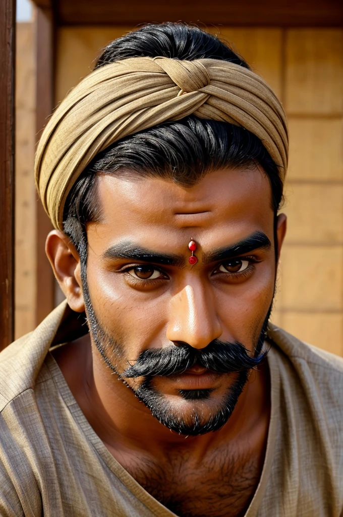 Simple indian Man with Tall height, wheatish complexion, long sharp nose, big eyes, light beard and moustache, big eyebrows, sandalwood tilak on the forehead,