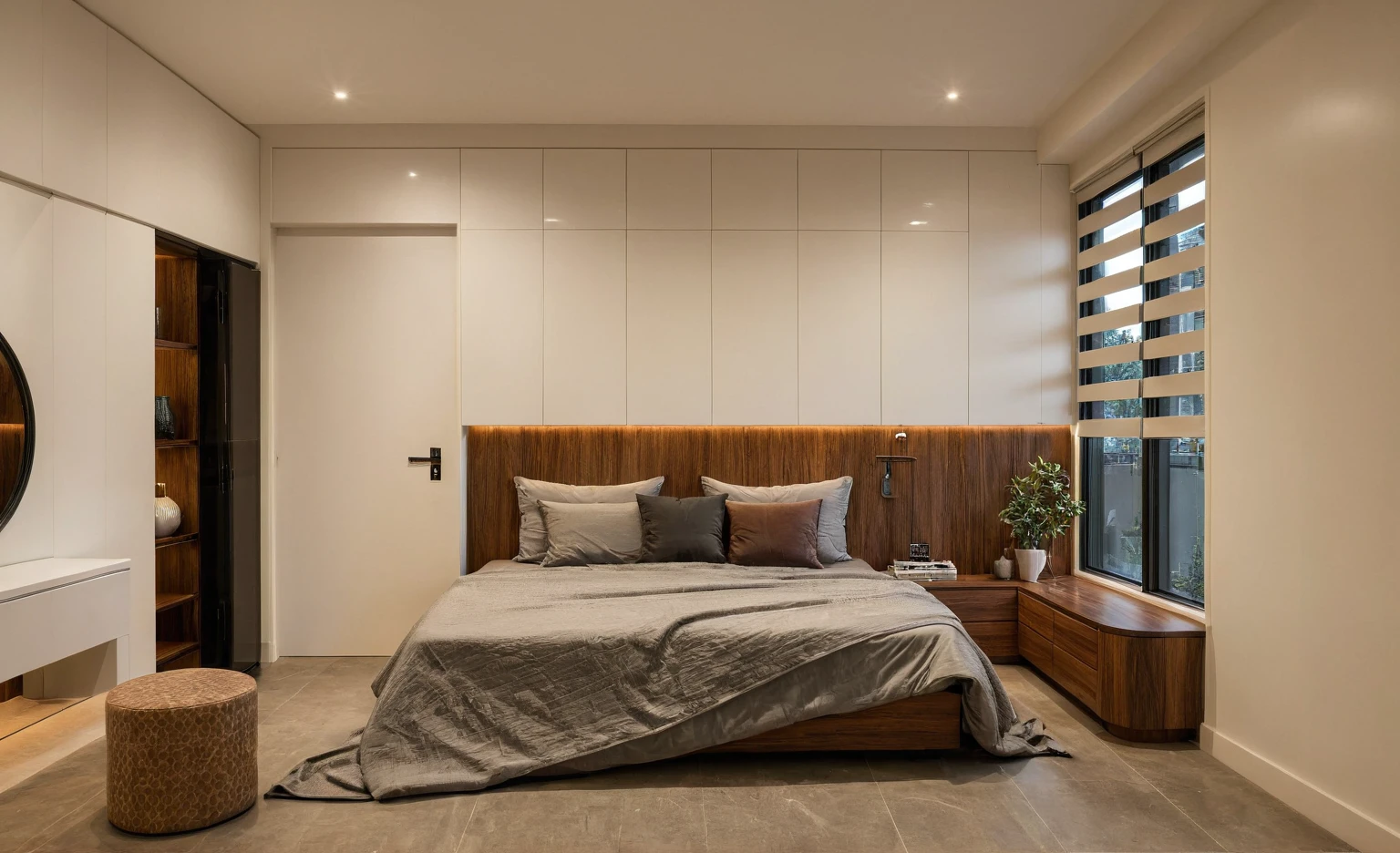 Raw photo,Masterpiece, high quality, best quality, authentic, super detail, interior, indoors, dinning room, kitchen room, style Indochine modern, minimalist line, aiaigroup , wooden, walnut veneer wood, led light, white paint wall, sofa, BED RÔM